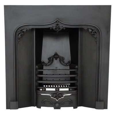 The angled panels of this register grate draw the eye in towards the firebox itself.